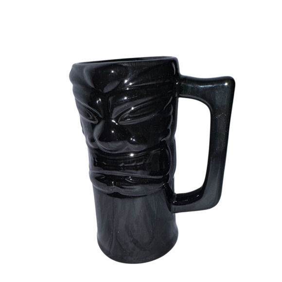 Black Ceramic Tiki Mug Polynesian Barware Retro Cocktail Drink Cup Gloss Finish - Picture 1 of 7